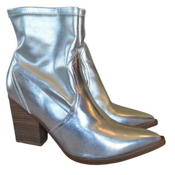 MIA Women's Rachell Western Boot Shiny Silver Ankle Bootie Block Heel Size 9.5 - Picture 2 of 9